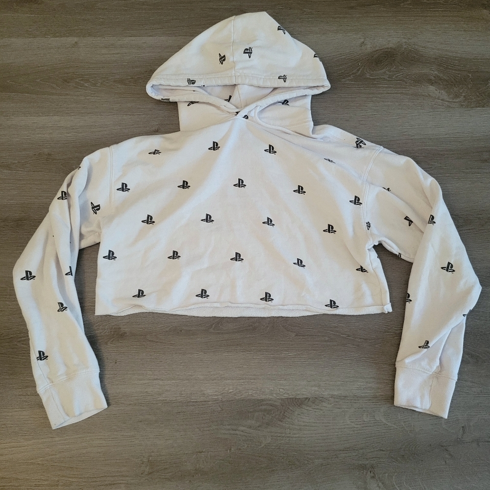 Rare Playstation White Crop Top Multi Black Logo Hoodie Womens Medium Authentic